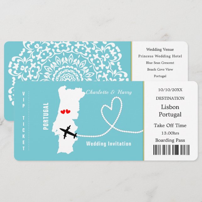 Ticket Boarding Pass Portugal Wedding Destination Invitation (Front/Back)