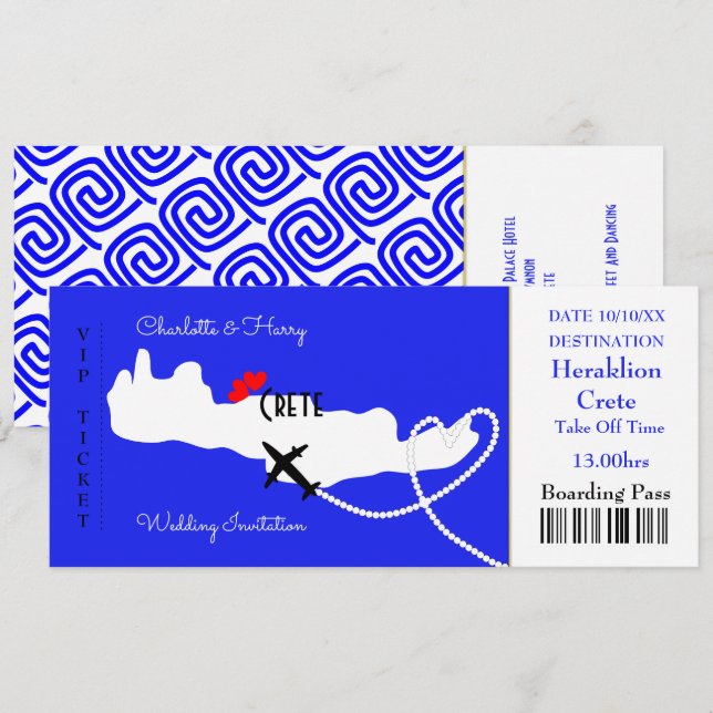 Ticket Boarding Pass Wedding Destination Crete Invitation (Front/Back)