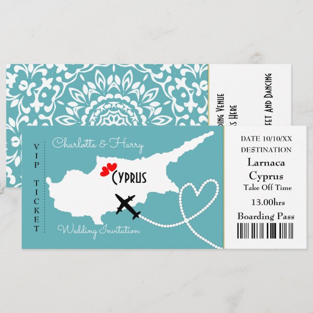 Ticket Boarding Pass Wedding Destination Cyprus Invitation (Front/Back)