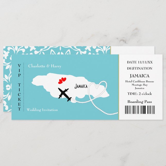 Ticket Boarding Pass Wedding Destination Jamaica Invitation (Front/Back)