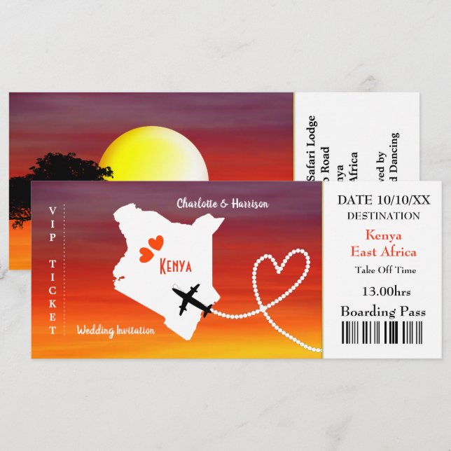 Ticket Boarding Pass Wedding Destination Kenya Invitation (Front/Back)