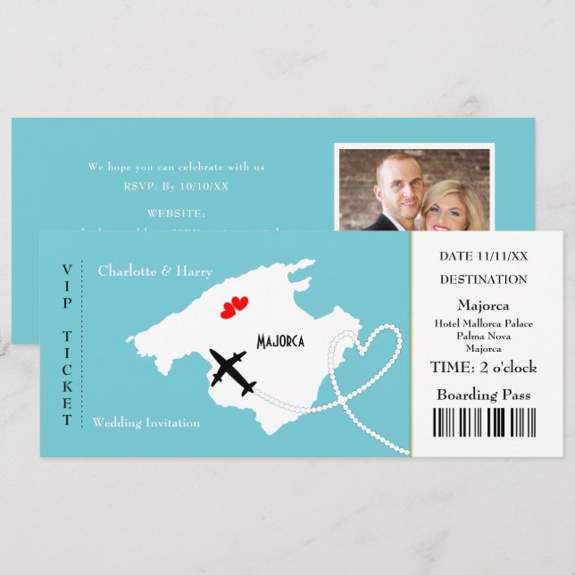 Ticket Boarding Pass Wedding Destination Majorca Invitation (Front/Back)
