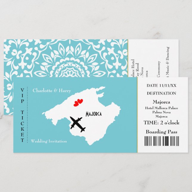 Ticket Boarding Pass Wedding Destination Majorca Invitation (Front/Back)