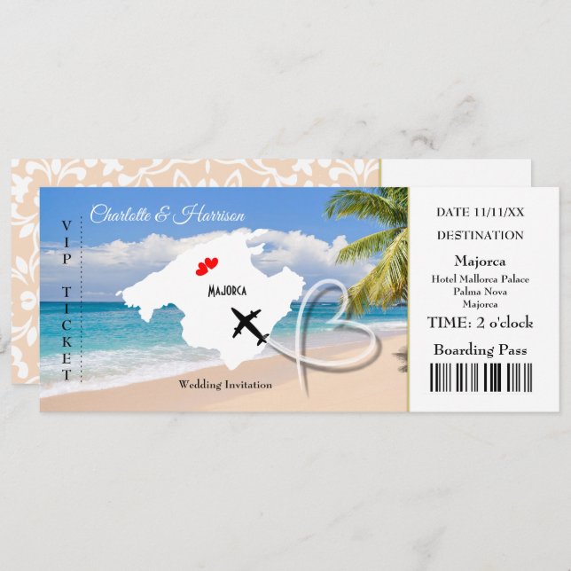 Ticket Boarding Pass Wedding Destination Majorca Invitation (Front/Back)