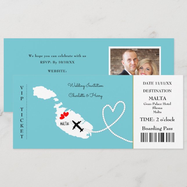 Ticket Boarding Pass Wedding Destination Malta Invitation (Front/Back)