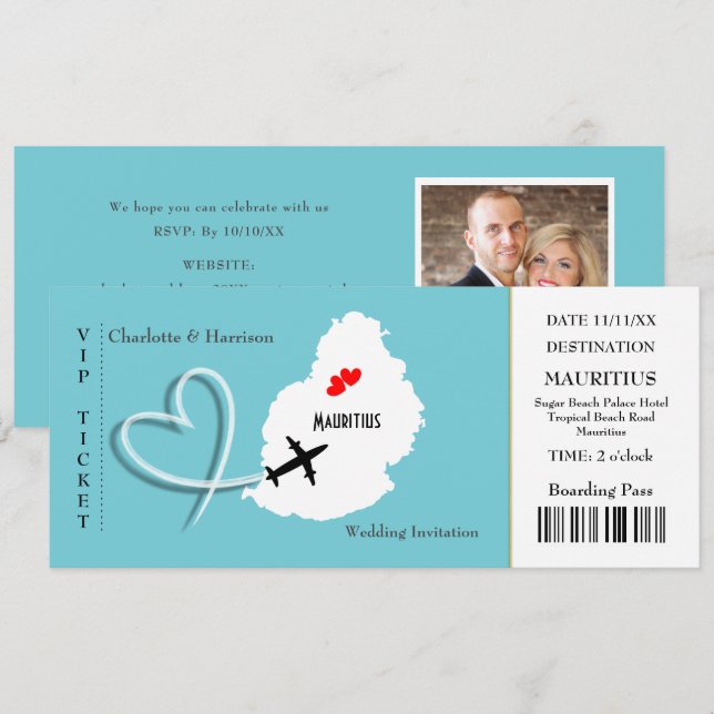 Ticket Boarding Pass Wedding Destination Mauritius Invitation (Front/Back)