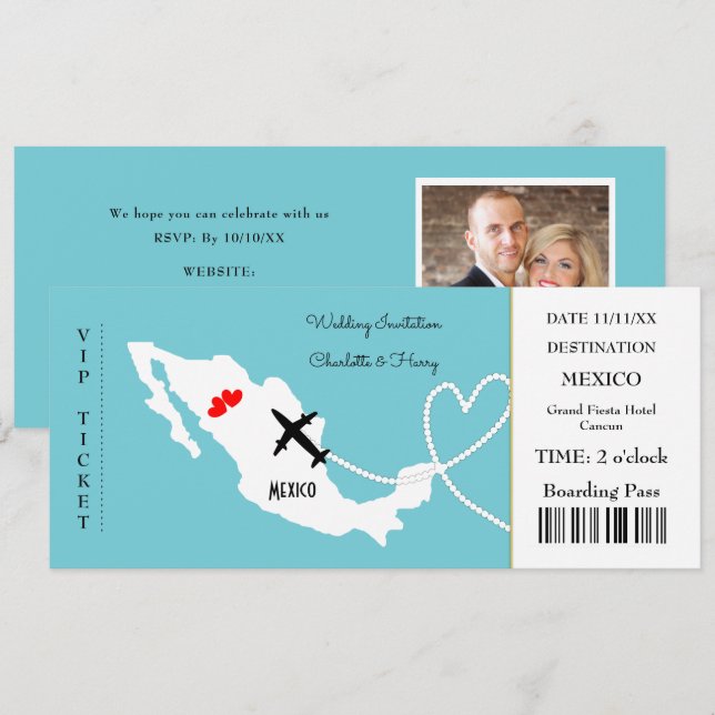 Ticket Boarding Pass Wedding Destination Mexico Invitation (Front/Back)