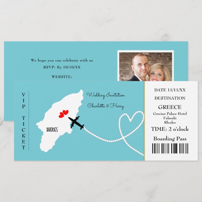 Ticket Boarding Pass Wedding Destination Rhodes Invitation (Front/Back)