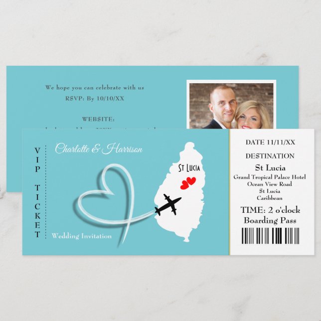 Ticket Boarding Pass Wedding Destination St Lucia Invitation (Front/Back)