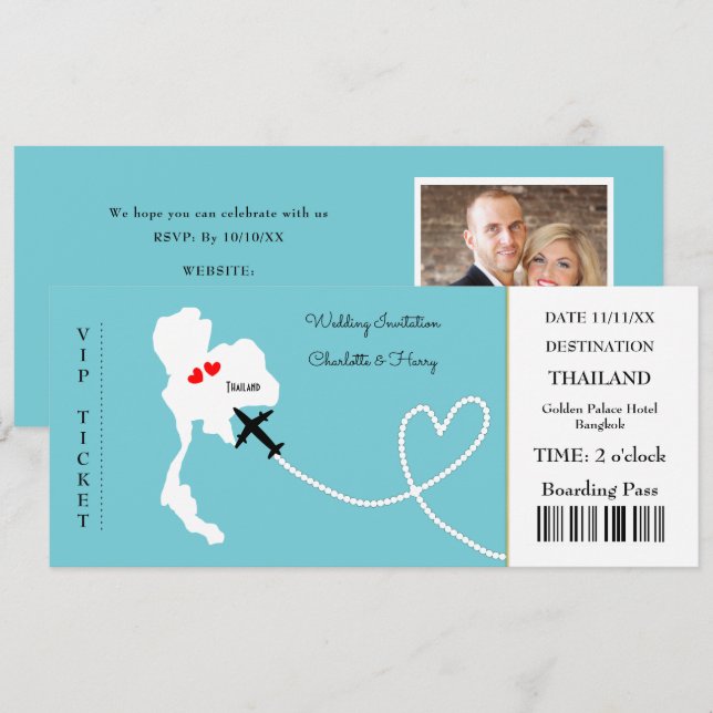 Ticket Boarding Pass Wedding Destination Thailand Invitation (Front/Back)