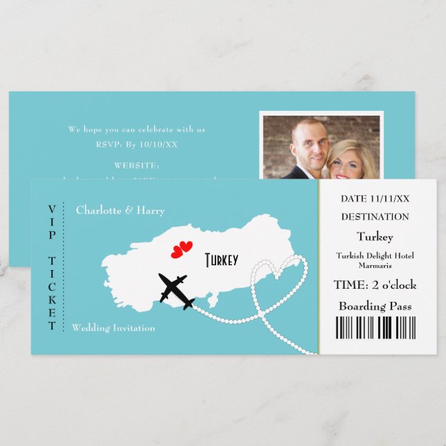 Ticket Boarding Pass Wedding Destination Turkey Invitation (Front/Back)