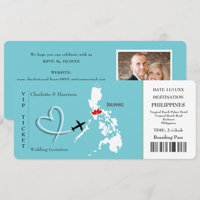 Ticket Boarding Pass Wedding  Philippines Photo Invitation (Front/Back)