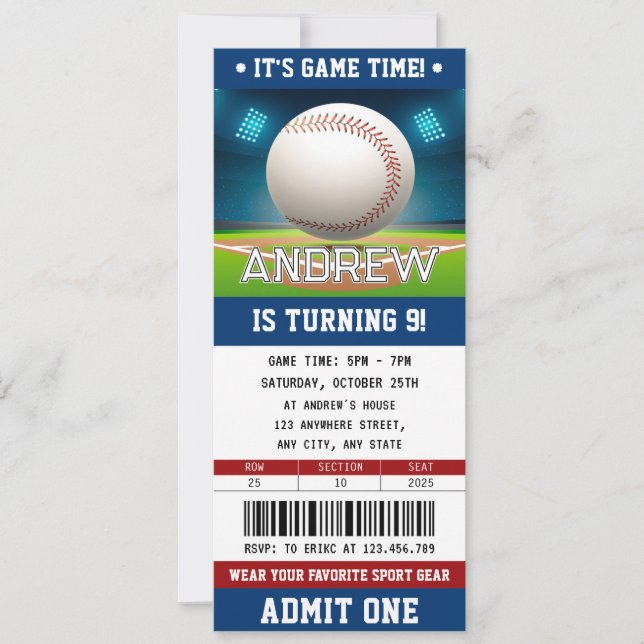 Ticket de baseball personnalisé Sport Invitation d (Devant)