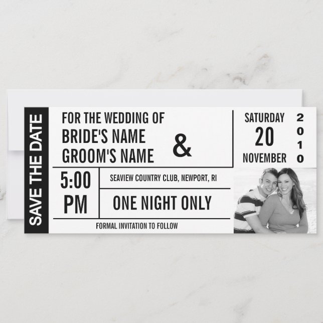 Ticket Design Save the Date Photo Cards (Front)