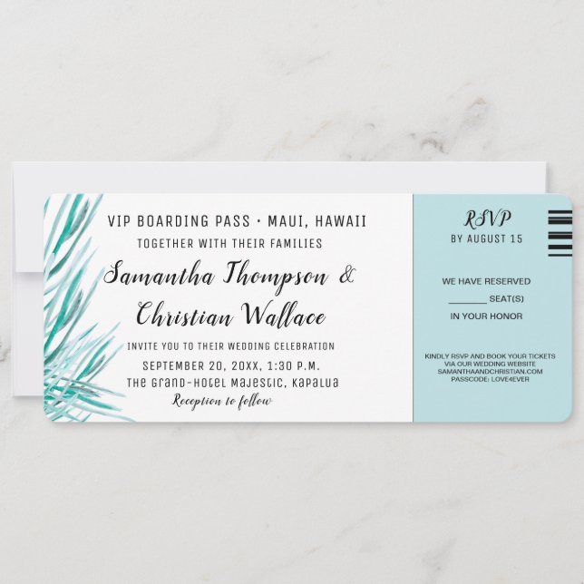 Ticket Green Palm Destination Wedding RSVP  Invitation (Front)