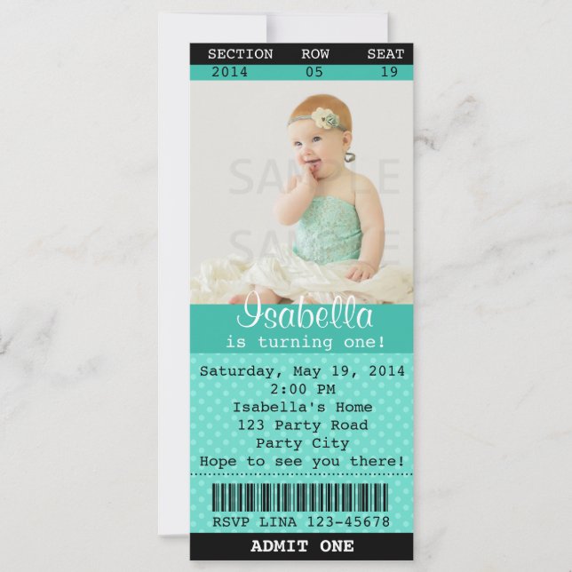 Ticket Invitation (Turquoise) Photo -Movie/Theatre (Front)