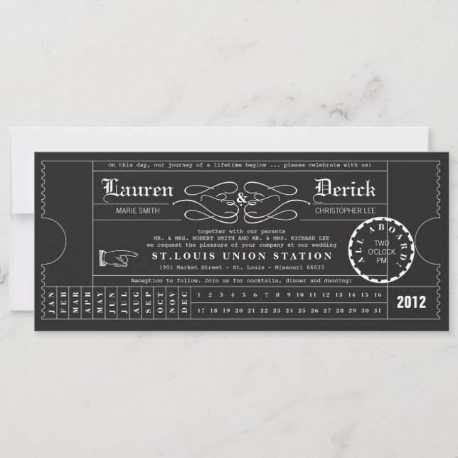 Ticket Punch Card Tea Length Invitation in Black (Front)