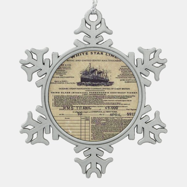 Ticket RMS Titanic 1912 Snowflake Pewter Christmas Ornament (Front)