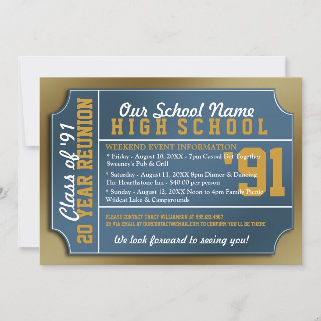 Ticket Style Blue/Gold Class Reunion Invitation (Front)