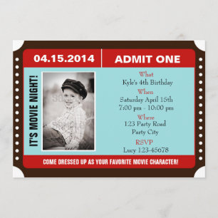 Ticket Style Invitation with Photo - Blue Red