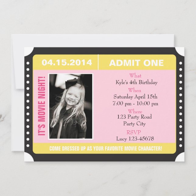 Ticket Style Invitation with Photo - Yellow Pink (Front)
