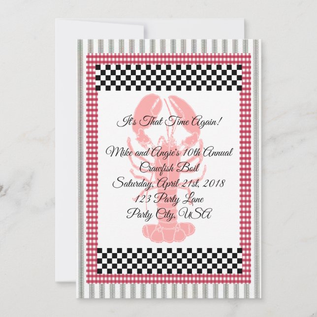 Ticking Stripe Chequerboard Gingham Crawfish Boil Invitation (Front)