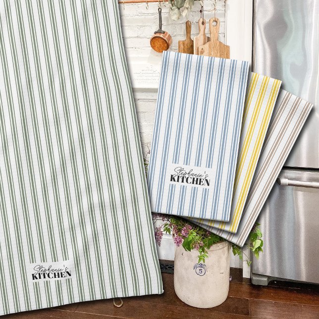 Ticking Stripe Vintage Farmhouse Sage Kitchen Towel (Vintage ticking stripes in sage green will add a touch of charm to your kitchen design. 
)