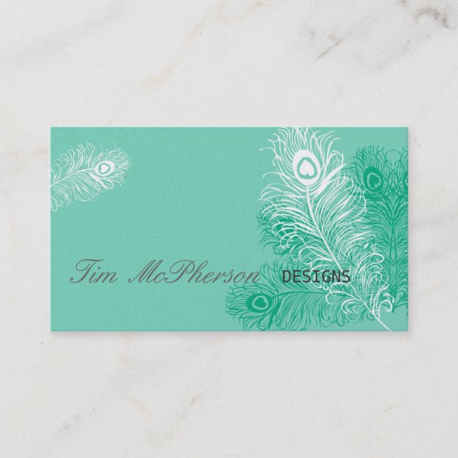 Tickle Me!  Sea Green Mint Peacock Feather Festive Business Card (Front)