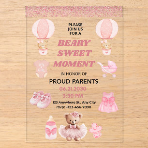 TICKLED PINK ACRYLIC 5X7 BABYGIRL BEAR BABY SHOWER INVITATIONS