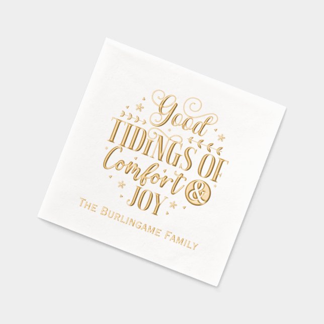 Tidings of Comfort and Joy Typography Family Name Foil Napkins (Left)