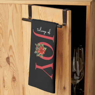 TIDINGS OF JOY RED CHRISTMAS POINSETTIA on BLACK, Kitchen Towel