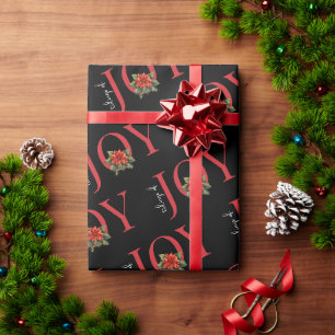 TIDINGS OF JOY RED CHRISTMAS POINSETTIA on BLACK, Wrapping Paper