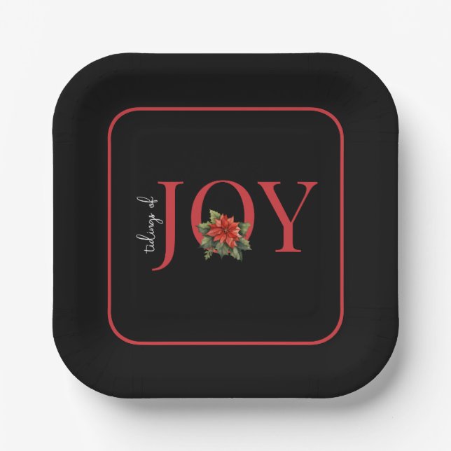 TIDINGS OF JOY RED CHRISTMAS POINSETTIA  PAPER PLATE (Front)