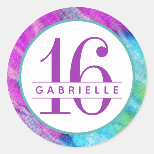 Tie Dye 16th Birthday Personalized Purple Birthday Classic Round Sticker (Front)