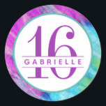 Tie Dye 16th Birthday Personalized Purple Birthday Classic Round Sticker<br><div class="desc">Bright hot pink and purple tie dye pattern sweet 16th birthday sticker with name in the middle of a teal and white circle with editable text to work for any teen birthday with a modern-retro hippy visco theme. The tiedye background has a faux fabric texture to look like a shirt...</div>
