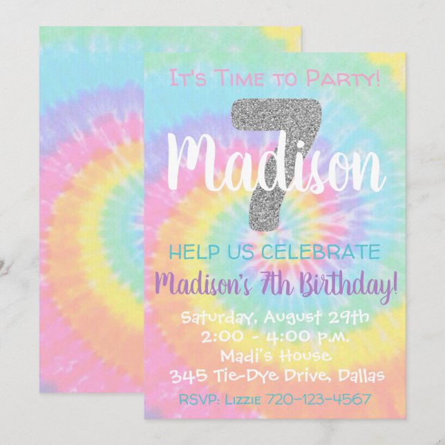 Tie Dye Birthday Invitation 7th Birthday (Front/Back)