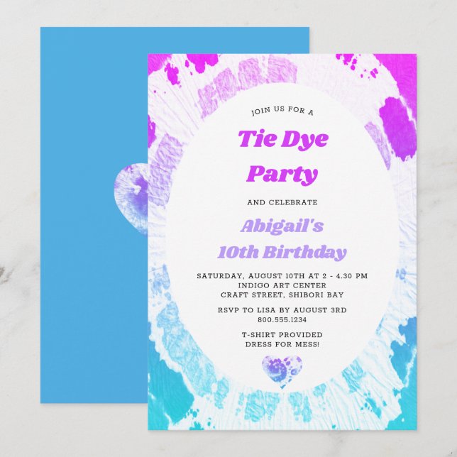 Tie Dye Birthday Party Bright Pink Lilac Turquoise Invitation (Front/Back)