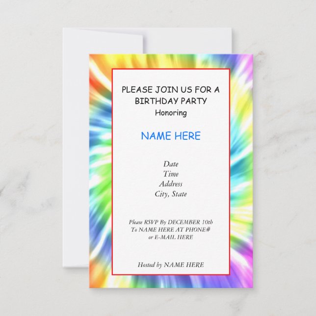 Tie Dye Birthday Party Invitation Card (Front)