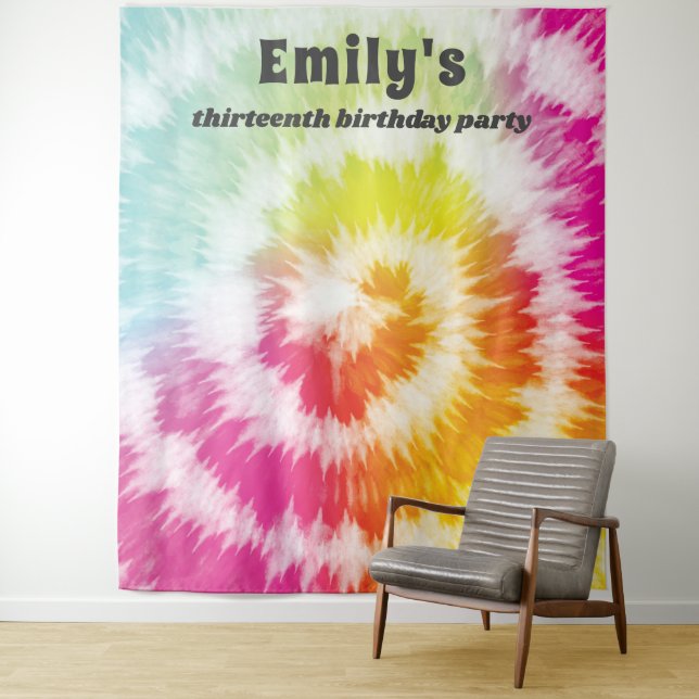 Tie-Dye Birthday Party Rainbow Hippie Backdrop Tapestry (In Situ)