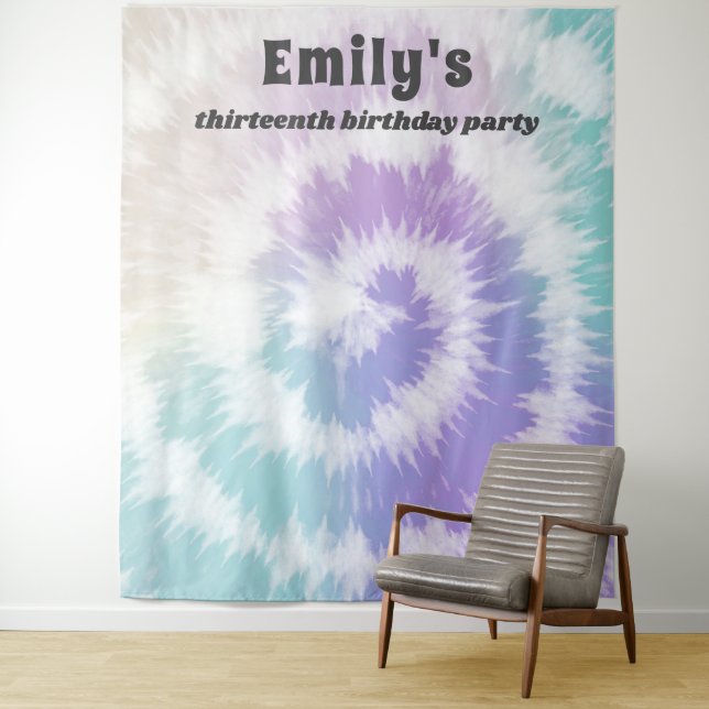 Tie-Dye Birthday Party Rainbow Hippie Backdrop Tapestry (In Situ)