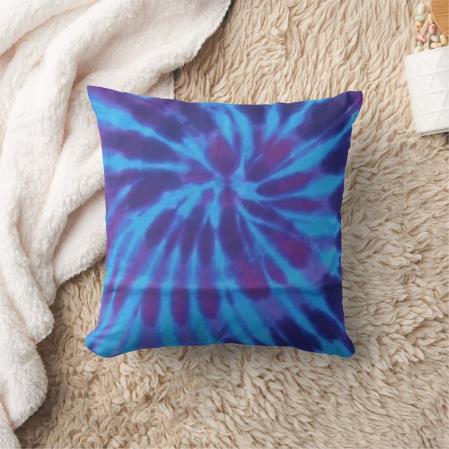 Tie Dye Blue Teal Purple Colourful Pattern Hippie Throw Pillow (Blanket)