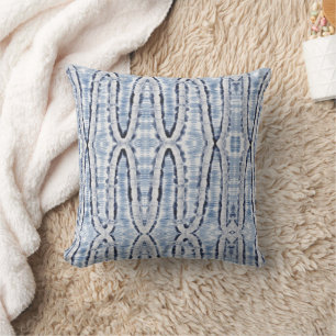 Tie dye blue white zig zag pattern style throw pillow
