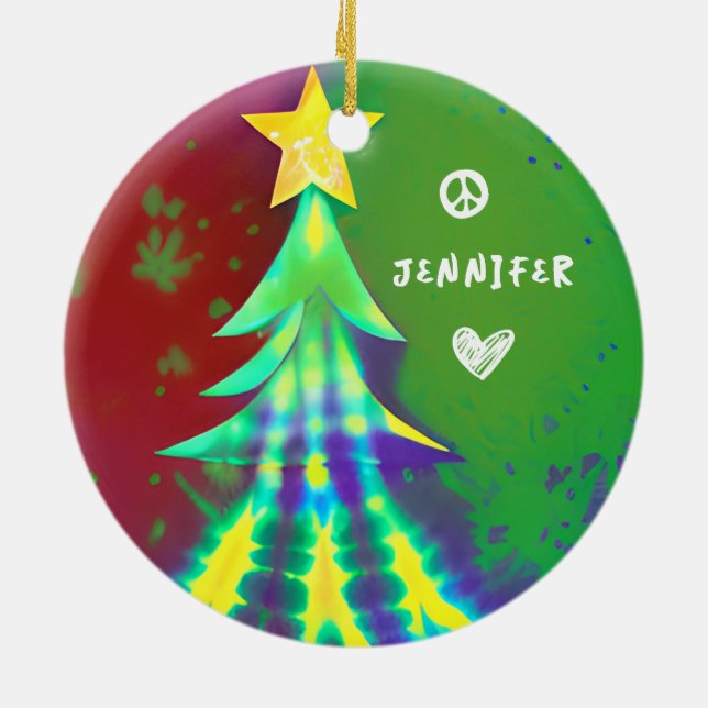 Tie Dye Christmas with Peace Sign Personalized Ceramic Ornament (Back)