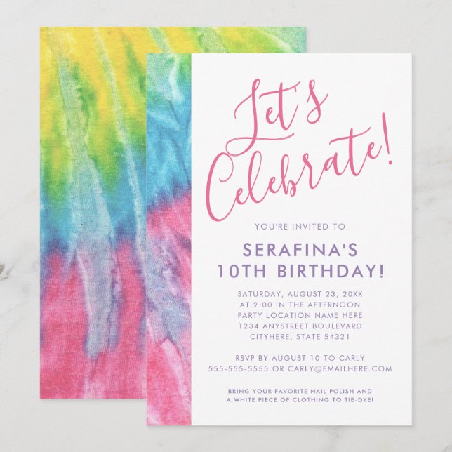 Tie Dye Colourful Bright Pastel Pink Tween Birthda Invitation (Front/Back)