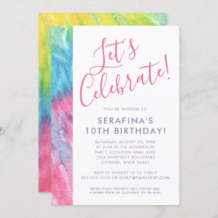 Tie Dye Colourful Bright Pastel Pink Tween Birthda Invitation