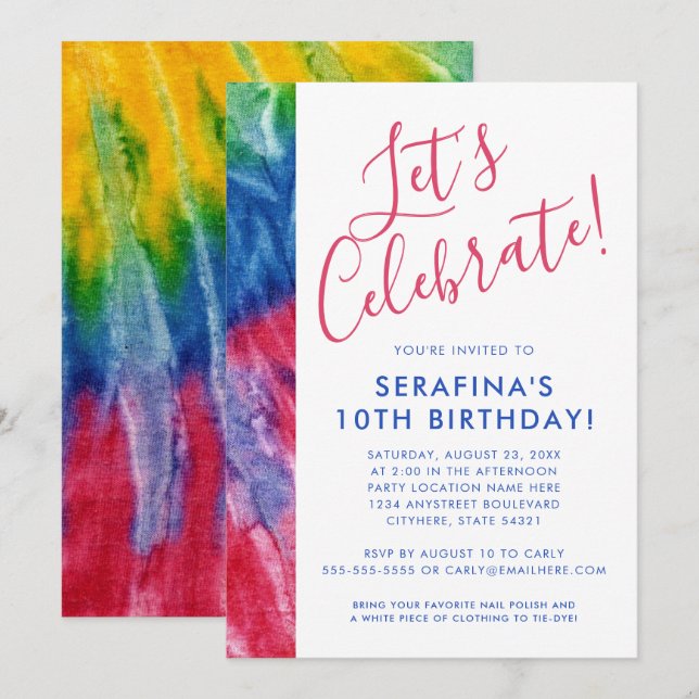 Tie Dye Colourful Red Blue Yellow Any Age Birthday Invitation (Front/Back)