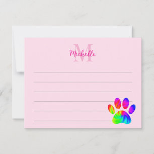 Tie Dye Dog Paw Print Graphic Lined Pink Monogram Card