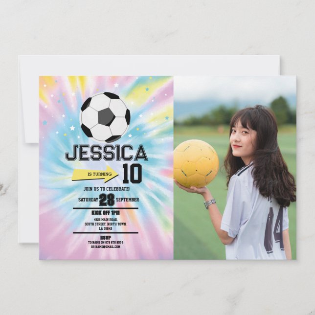 Tie Dye Football Soccer Birthday Girls Pink Photo Invitation (Front)