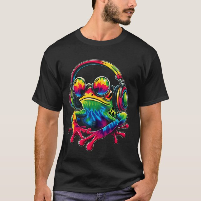 Tie-Dye Frog Peace Sign Hippie Frog With Headphone T-Shirt (Front)