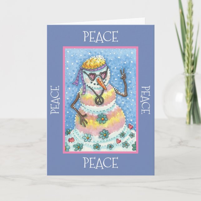 TIE DYE GROOVY SNOWMAN, PEACE ON EARTH CHRISTMAS HOLIDAY CARD (Front)